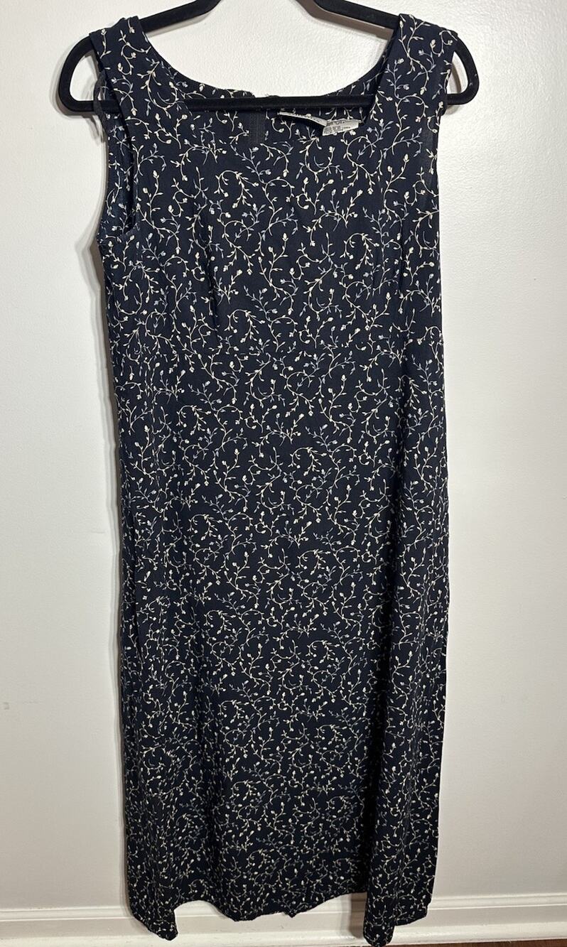 Kathie Lee Dress Floral Sleeveless Midi Size 14 Navy Blue Tie Back 90s Vintage